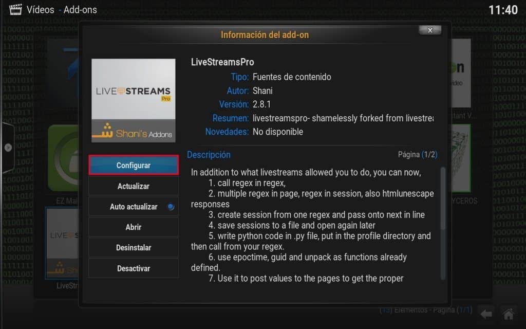 Configuración livestreampro Kodi17