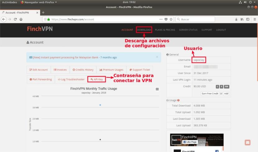Cuenta en la web de finchVPN