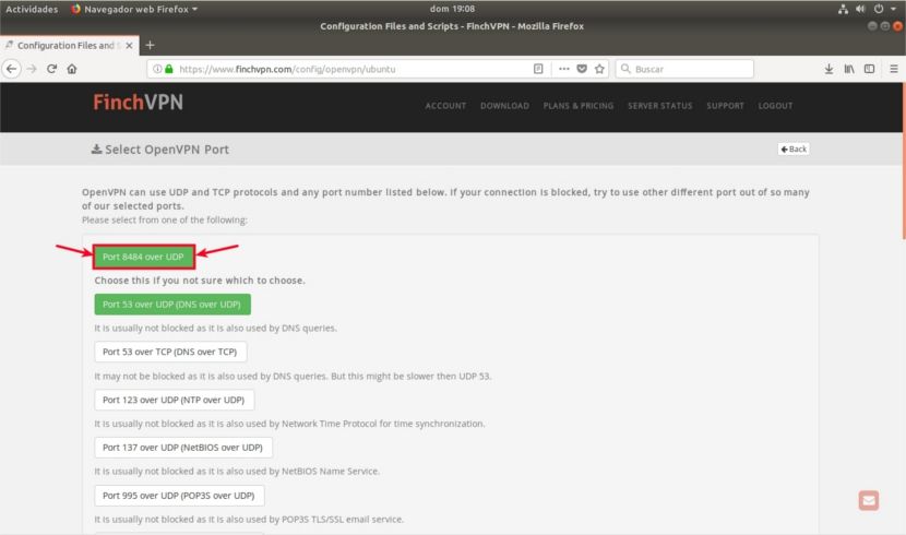 Selección de los puertos de configuración de FinchVPN
