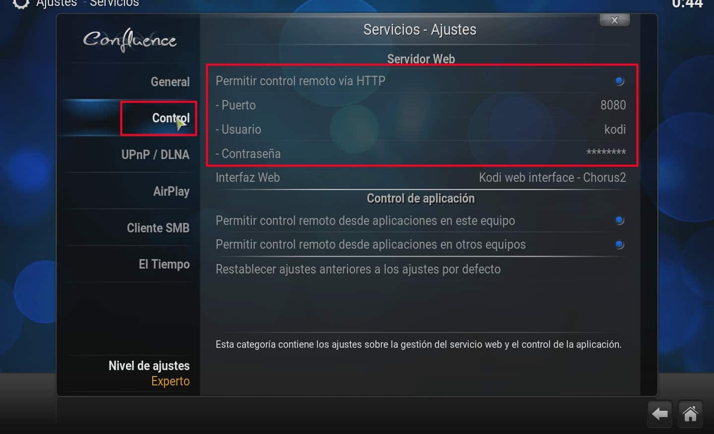 configuración Kodi control remotor http play to kodi