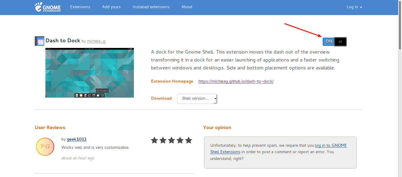 dash to dock página extensiones gnome