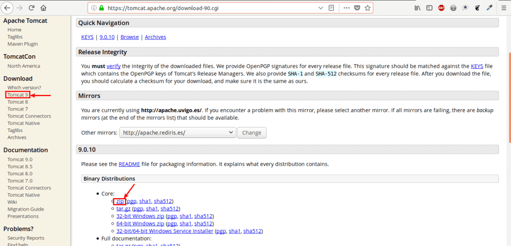 página de descarga de apache tomcat 9
