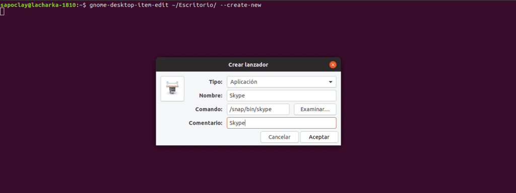 añadir datos del lanzador skype con gnome panel