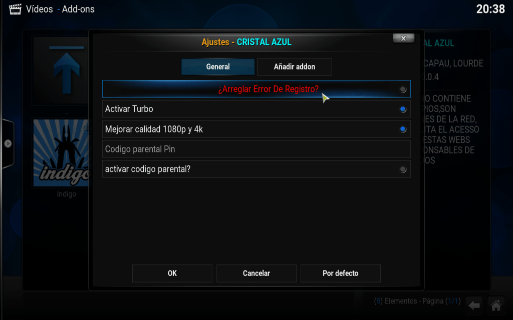 ajustes del addon cristal azul
