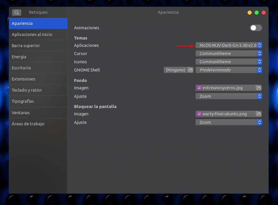 aplicar a aplicaciones el tema mojave en Ubuntu