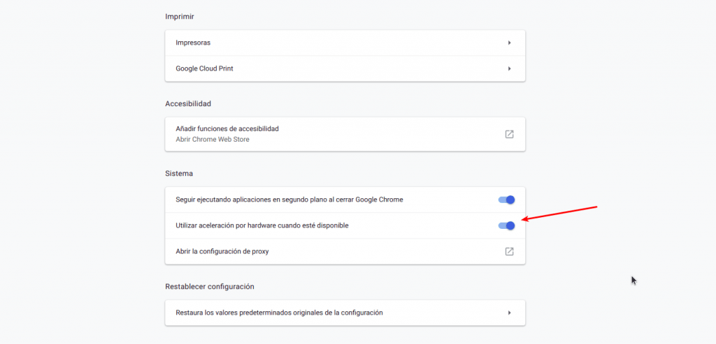 configuración de chrome utilizar aceleración por hardware cuando esté disponible