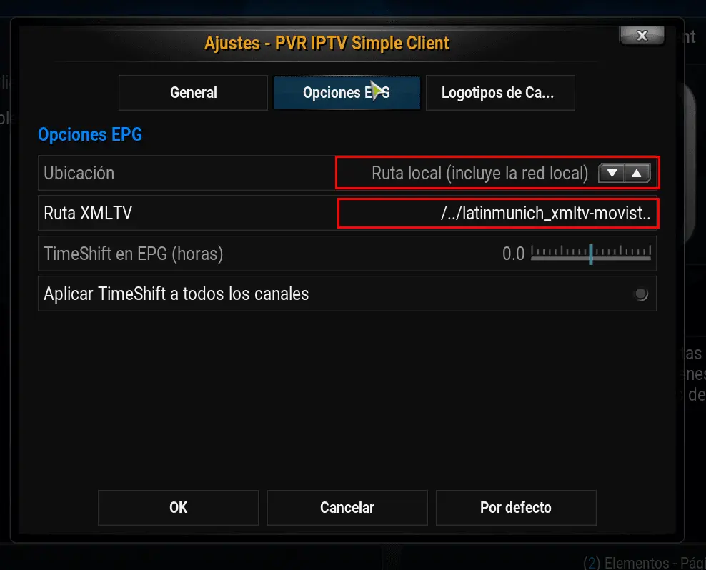 configuración guía EPG en IPT Simple Client