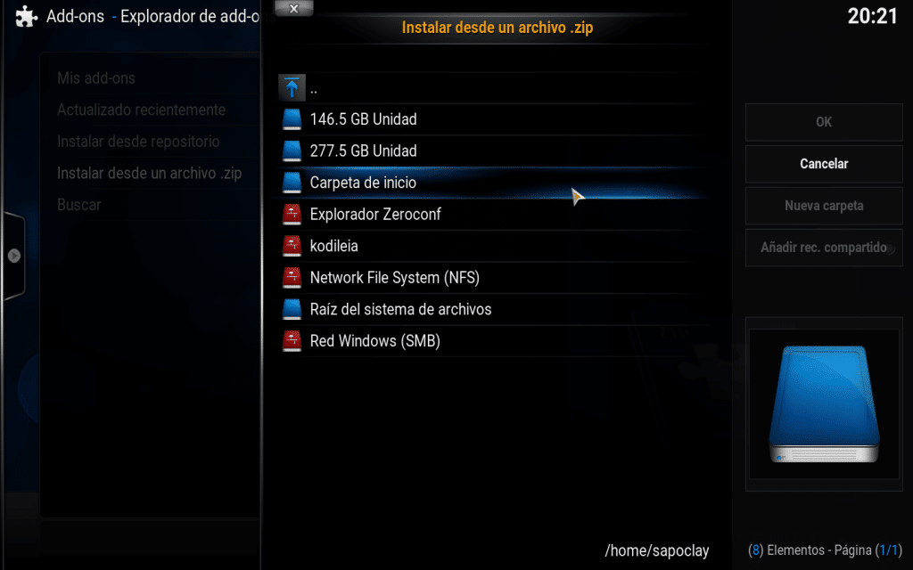 opciones archivos guardados desde Kodi