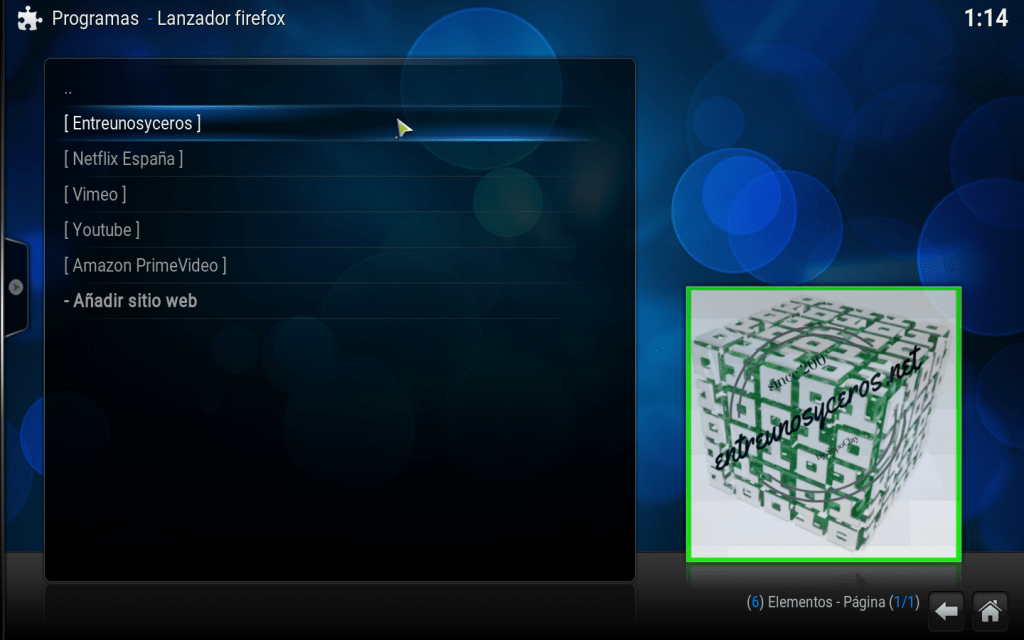 páginas por defecto plugin vídeo firefox para Kodi 18