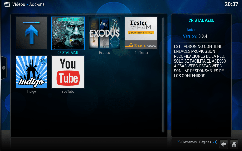 Seleccionar el addon Cristal Azul