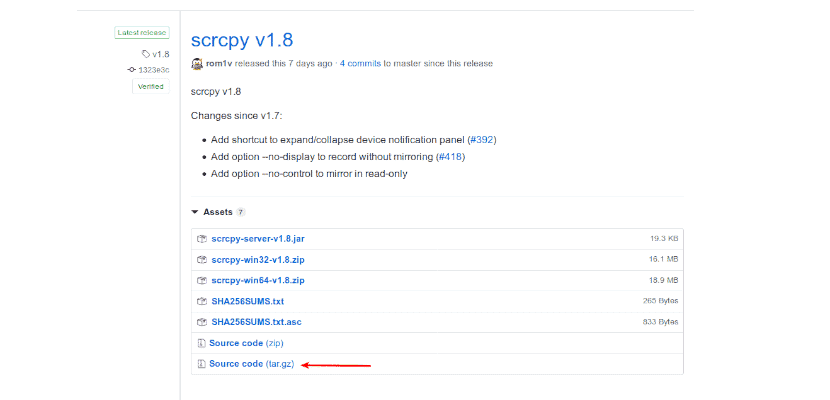 Página de descargas de scrcpy