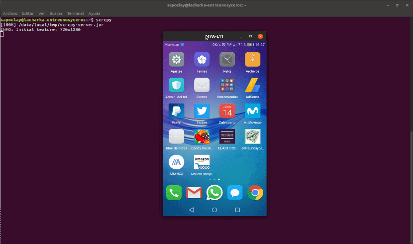 scrcpy funcionando con el teléfono