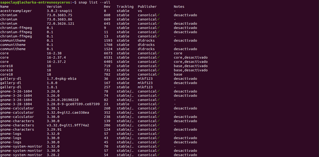 Paquetes snap, elimina versiones antiguas para liberar espacio en disco