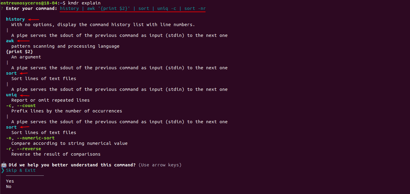 kmdr explain comando complejo