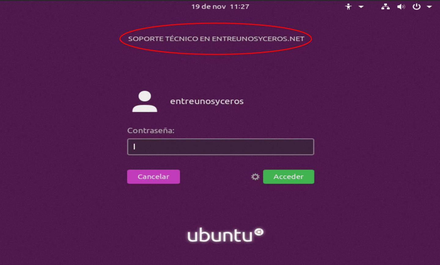 pantalla de inicio de sesión con mensaje en Ubuntu