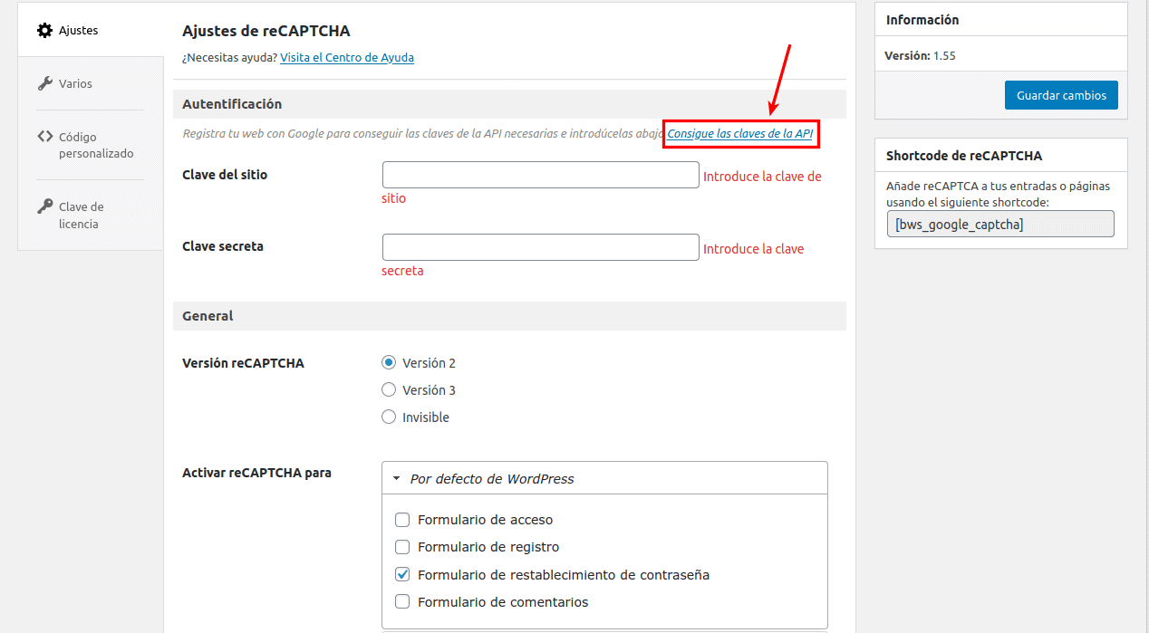 consigue las claves del reCaptcha de Google