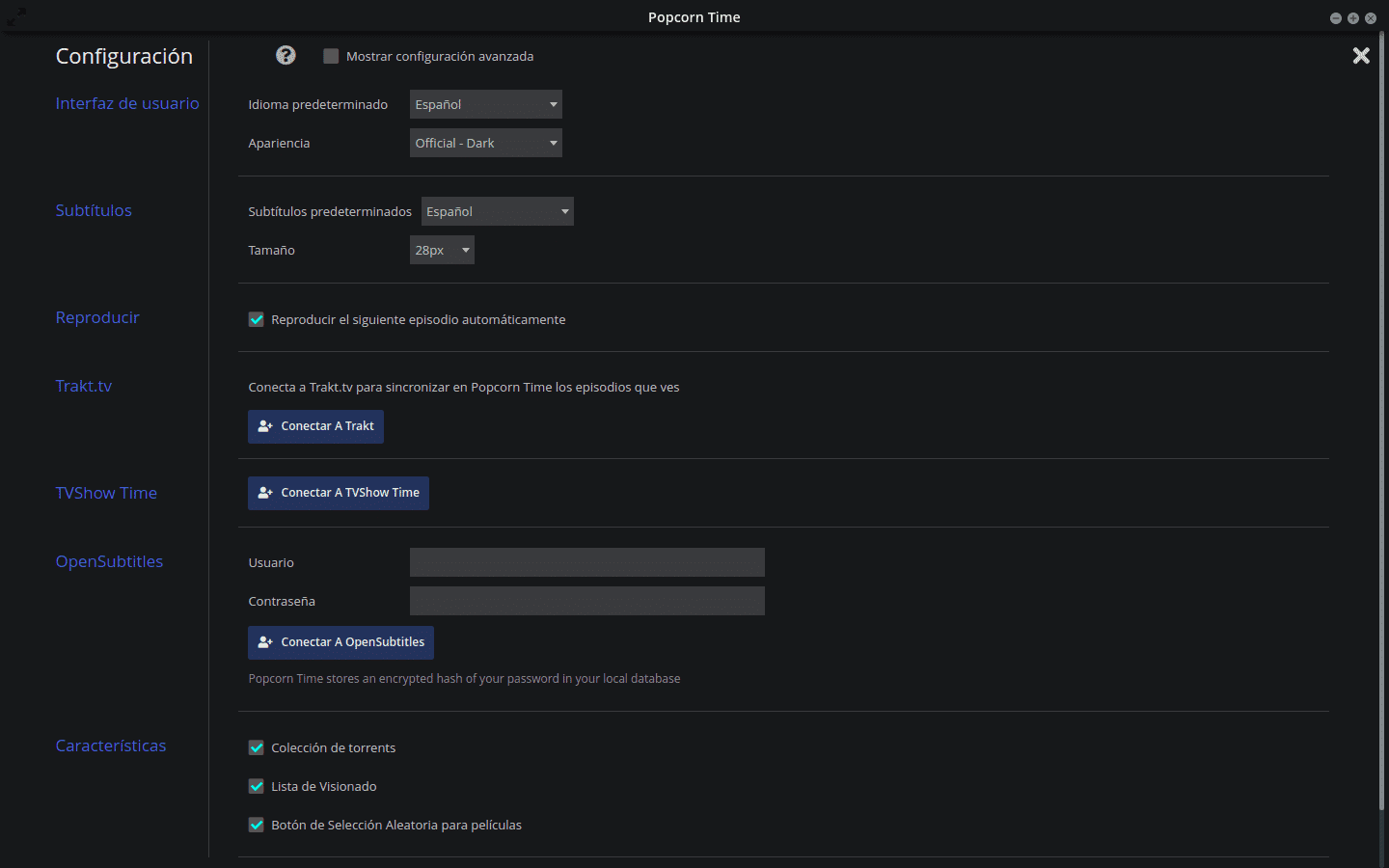Prefrencias de PopCorn Time