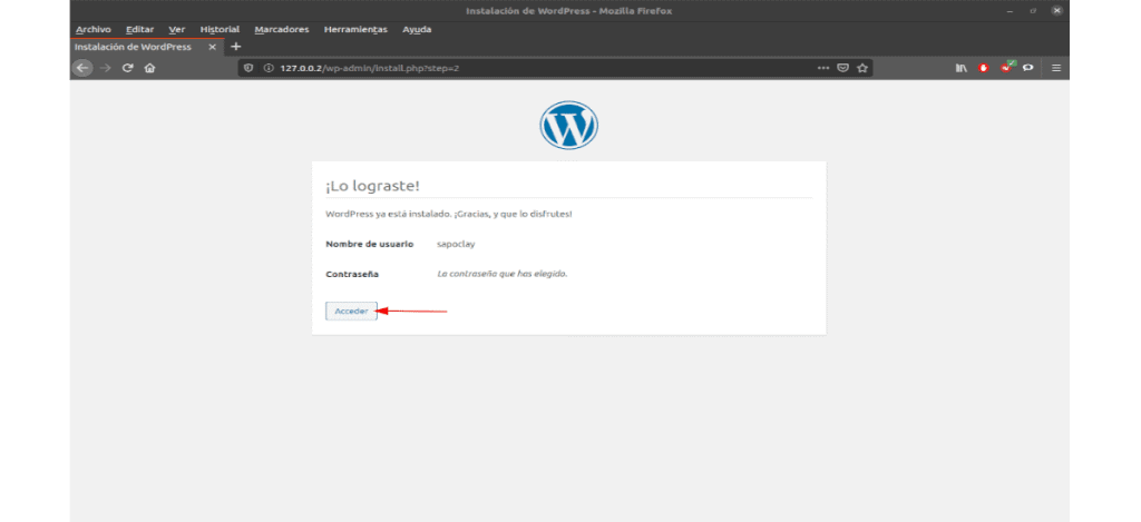 instalación completada de Wordpress en Ubuntu 20.04