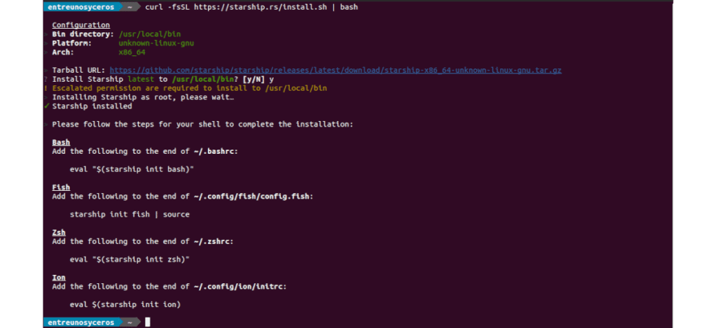 instlar starship mediante script