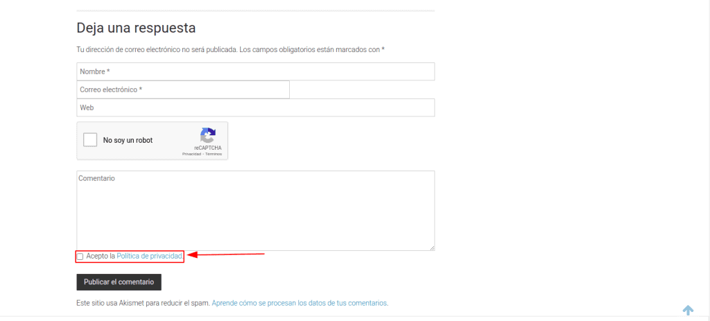 Política de privacidad - Checkbox de aceptación