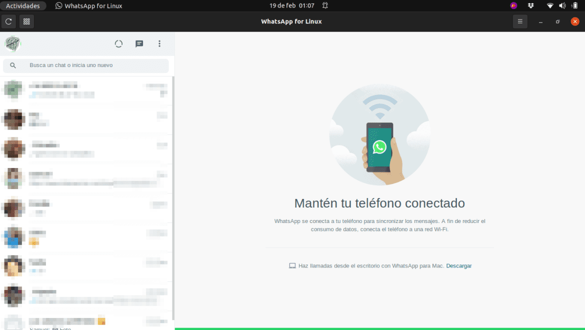 about Whatsapp para el escritorio de Ubuntu