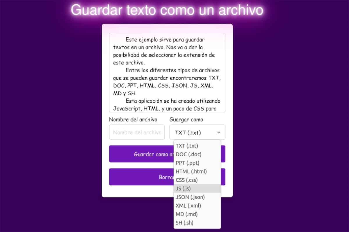 Guardar texto como un archivo seleccionando su extensión