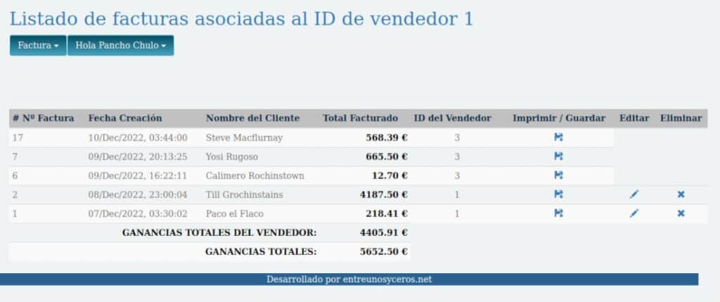 Listado de facturas almacenadas por el sistema