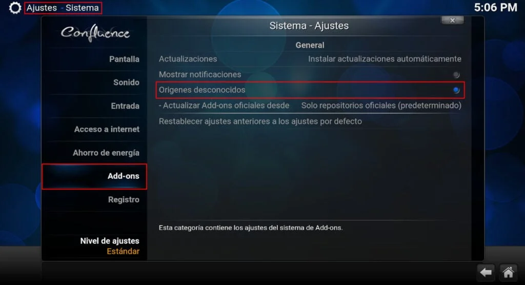 Habilitar orígenes desconocidos en Kodi