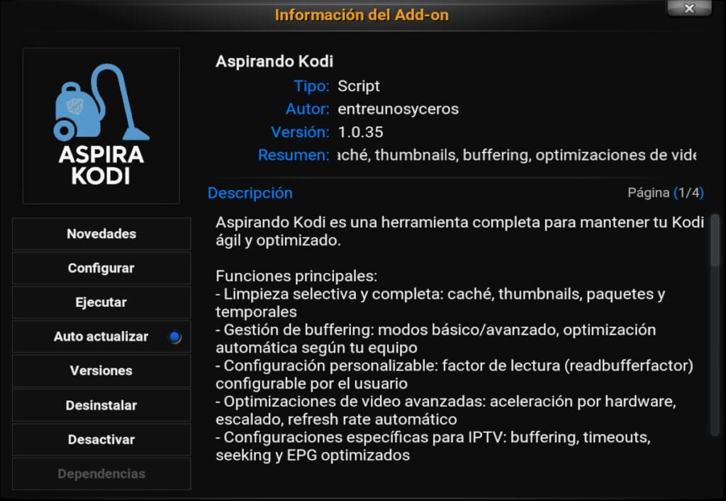 Aspira Kodi, información del addon