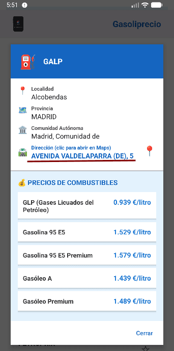Tarjetas estaciones GasoliPrecio App