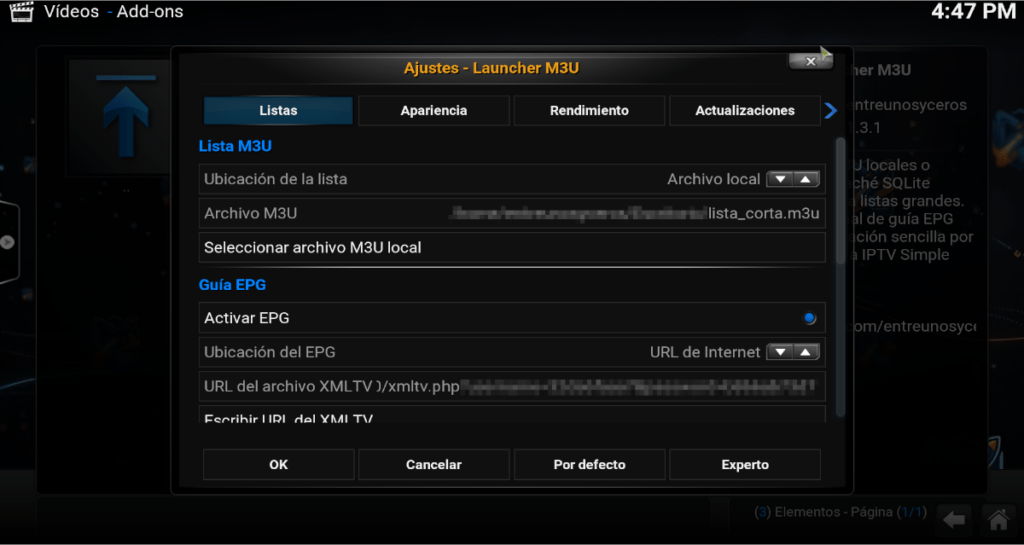 opciones de configuración